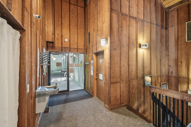 383 Elan Ct, Woodbury, MN 55125 - hallway with wooden walls, carpet, and a towering ceiling