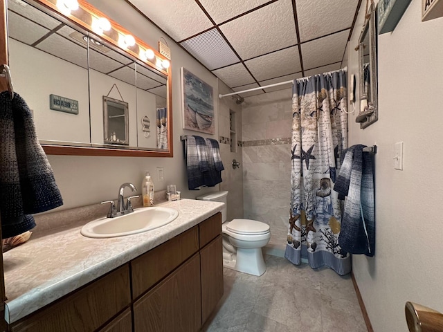 34347 Northview Rd, Everts Twp, MN 56515 - full bath featuring toilet, vanity, tiled shower, and a paneled ceiling