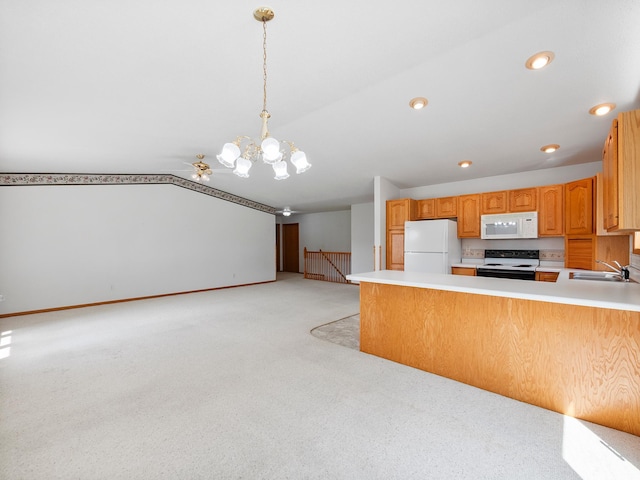701 Janes Circle Dr SW, Alexandria, MN 56308 - kitchen with white appliances, a sink, light colored carpet, light countertops, and lofted ceiling