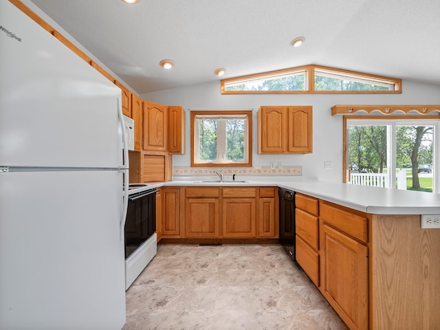 701 Janes Circle Dr SW, Alexandria, MN 56308 - kitchen with white appliances, a peninsula, a sink, lofted ceiling, and light countertops