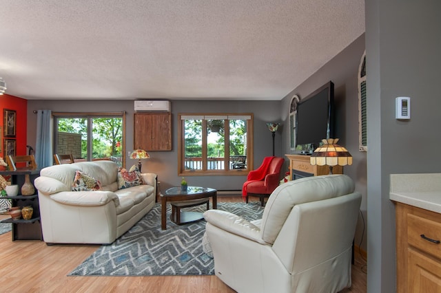 215 Park Dr Unit 4, Balsam Lake, WI 54810 - living room with a wall mounted air conditioner, a textured ceiling, and light wood-style flooring