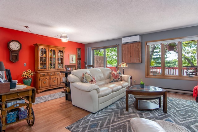 215 Park Dr Unit 4, Balsam Lake, WI 54810 - living room featuring a wall mounted air conditioner, a textured ceiling, wood finished floors, and baseboard heating