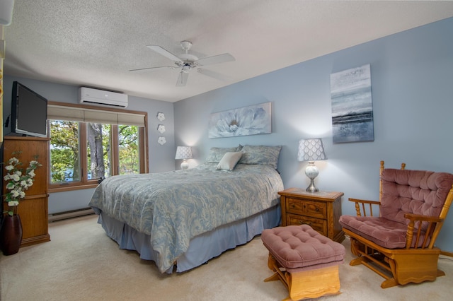 215 Park Dr Unit 4, Balsam Lake, WI 54810 - bedroom with a wall unit AC, light colored carpet, baseboard heating, ceiling fan, and a textured ceiling