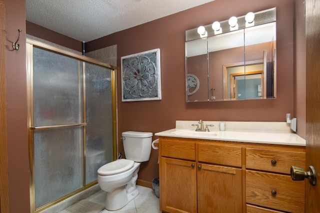 215 Park Dr Unit 4, Balsam Lake, WI 54810 - full bathroom featuring toilet, vanity, a stall shower, tile patterned flooring, and a textured ceiling