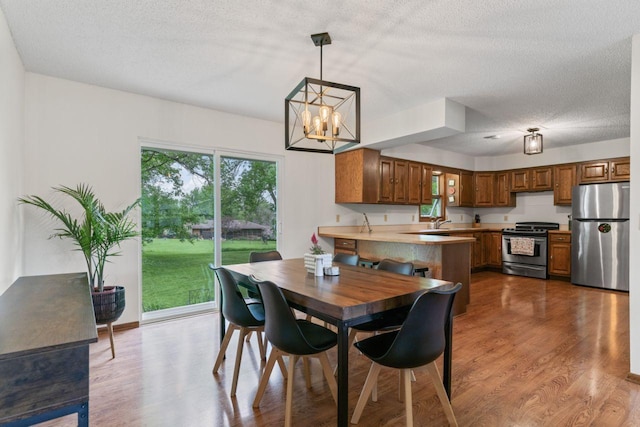 1719 Buckingham Path, Faribault, MN 55021 - dining space featuring dark wood finished floors, a textured ceiling, and a chandelier