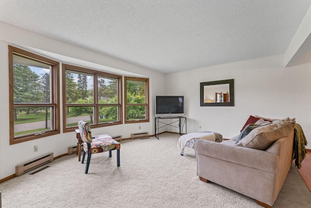 1719 Buckingham Path, Faribault, MN 55021 - living room with carpet flooring, a baseboard heating unit, a textured ceiling, and baseboards