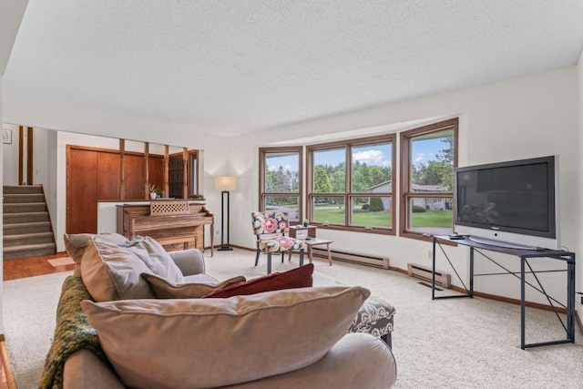 1719 Buckingham Path, Faribault, MN 55021 - living room featuring a textured ceiling, stairs, a baseboard heating unit, baseboards, and light carpet