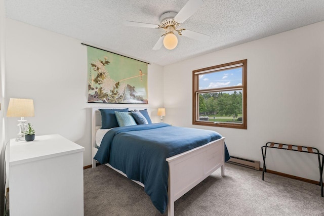 1719 Buckingham Path, Faribault, MN 55021 - bedroom featuring a baseboard heating unit, a textured ceiling, carpet floors, a ceiling fan, and baseboards
