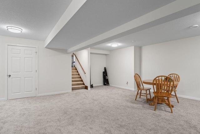 1719 Buckingham Path, Faribault, MN 55021 - finished below grade area with carpet, a textured ceiling, baseboards, and stairs