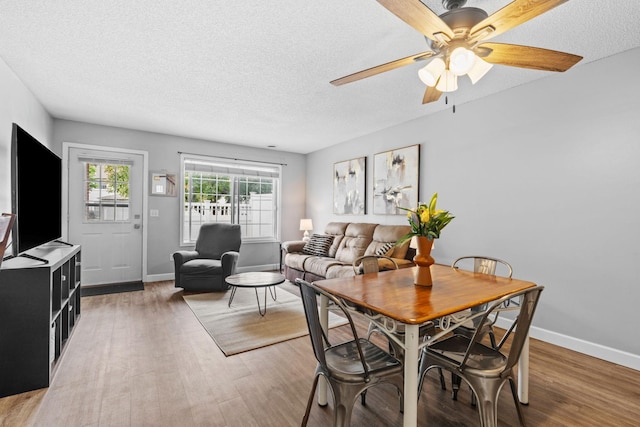 11427 Elmwood Ave N, Champlin, MN 55316 - dining room featuring light wood-type flooring, a textured ceiling, and a ceiling fan
