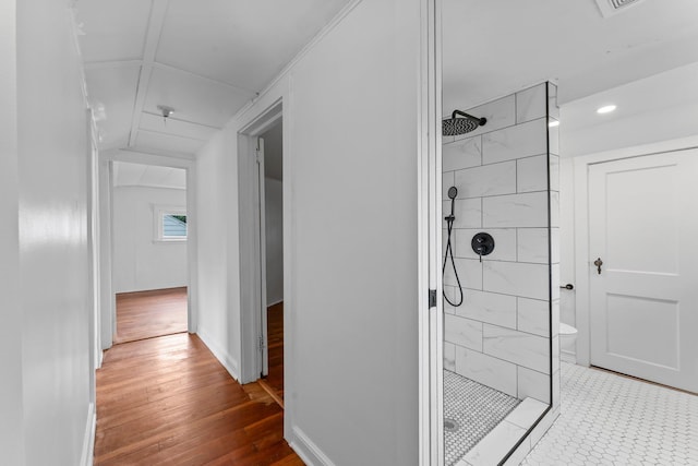 4129 7th St NE, Columbia Heights, MN 55421 - bathroom with a shower stall, hardwood / wood-style flooring, and recessed lighting