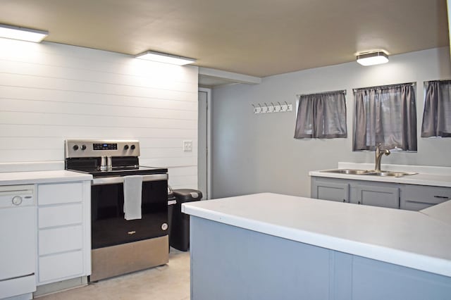 630 Oak St, Crosby, MN 56441 - kitchen featuring stainless steel range with electric stovetop, a sink, white dishwasher, wood walls, and light countertops