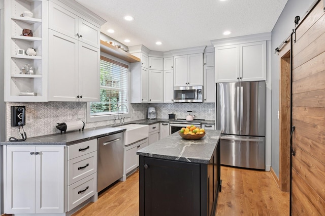 2392 Molnau Ct, Chaska, MN 55318 - kitchen with stainless steel appliances, a sink, light wood-style flooring, dark stone countertops, and a barn door