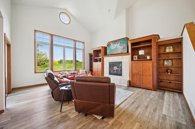 1106 Shumway Ct, Faribault, MN 55021 - living area with high vaulted ceiling, light wood finished floors, a fireplace, and baseboards