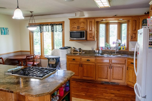 44818 215th Ave, Staples Twp, MN 56479 - kitchen featuring stainless steel appliances, dark wood-type flooring, brown cabinets, and healthy amount of natural light