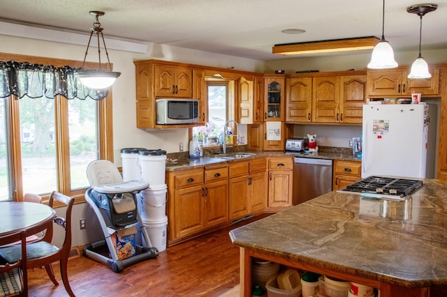 44818 215th Ave, Staples Twp, MN 56479 - kitchen with stainless steel appliances, brown cabinetry, open shelves, wood finished floors, and hanging light fixtures