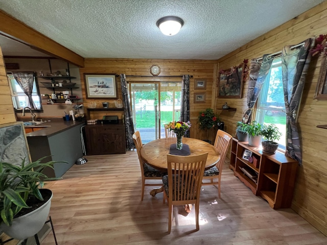 355 20th St SW, Benson, MN 56215 - dining space with wooden walls, a textured ceiling, and light wood-style floors
