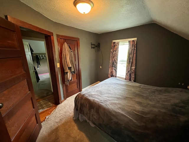 355 20th St SW, Benson, MN 56215 - bedroom featuring a textured ceiling, vaulted ceiling, a closet, and light wood-style floors
