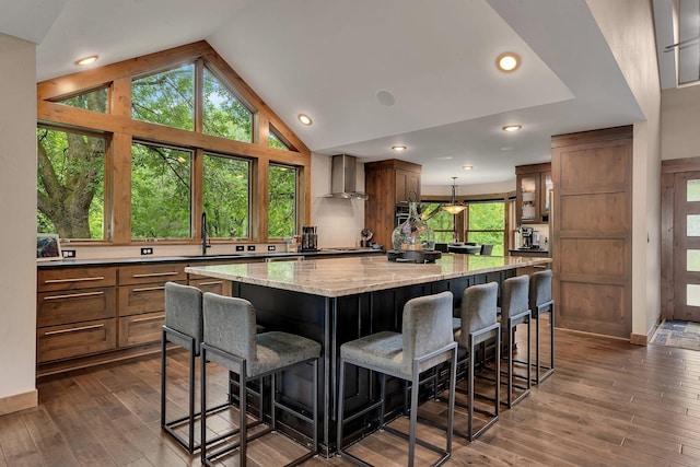 27806 Sundance Ln, Cold Spring, MN 56320 - kitchen featuring wall chimney range hood, a kitchen island, lofted ceiling, dark wood-style floors, and light stone countertops