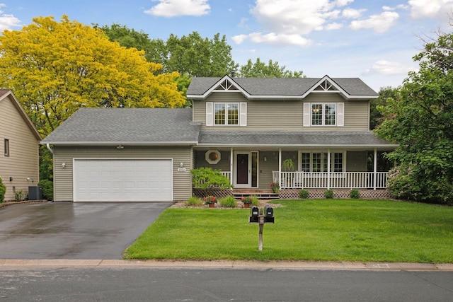 1502 Rocky Ln, Eagan, MN 55122 - view of front of property featuring asphalt driveway, an attached garage, a front yard, a porch, and a shingled roof