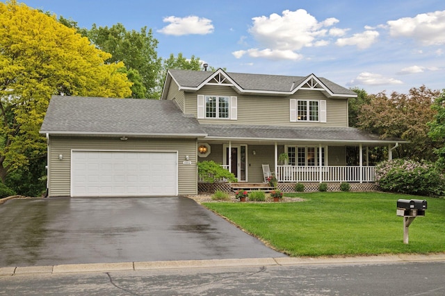 1502 Rocky Ln, Eagan, MN 55122 - view of front of house with driveway, a porch, a garage, a front yard, and a shingled roof