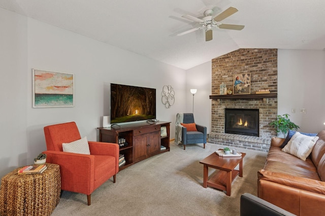 1502 Rocky Ln, Eagan, MN 55122 - living room featuring carpet, vaulted ceiling, a brick fireplace, and a ceiling fan