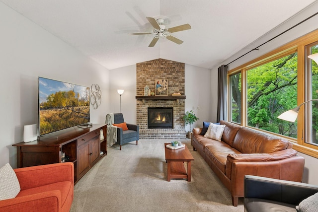 1502 Rocky Ln, Eagan, MN 55122 - living area with lofted ceiling, light colored carpet, ceiling fan, and a fireplace