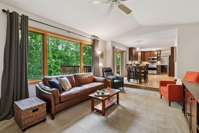 1502 Rocky Ln, Eagan, MN 55122 - living area featuring vaulted ceiling, ceiling fan, light colored carpet, and a textured ceiling
