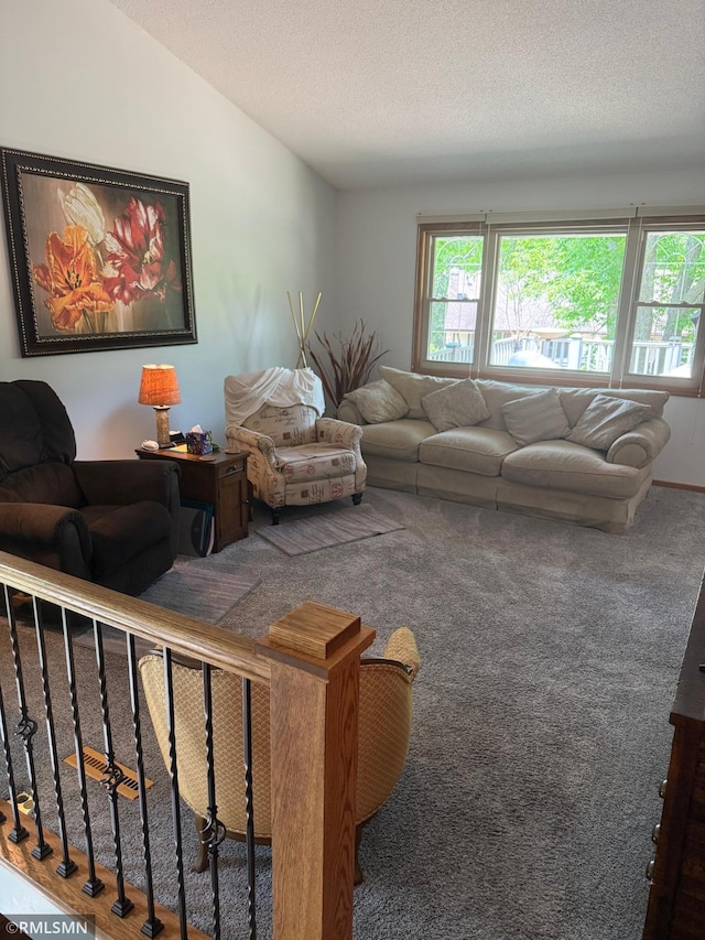 6800 Buckingham Ct, Woodbury, MN 55125 - carpeted living area with a textured ceiling and lofted ceiling