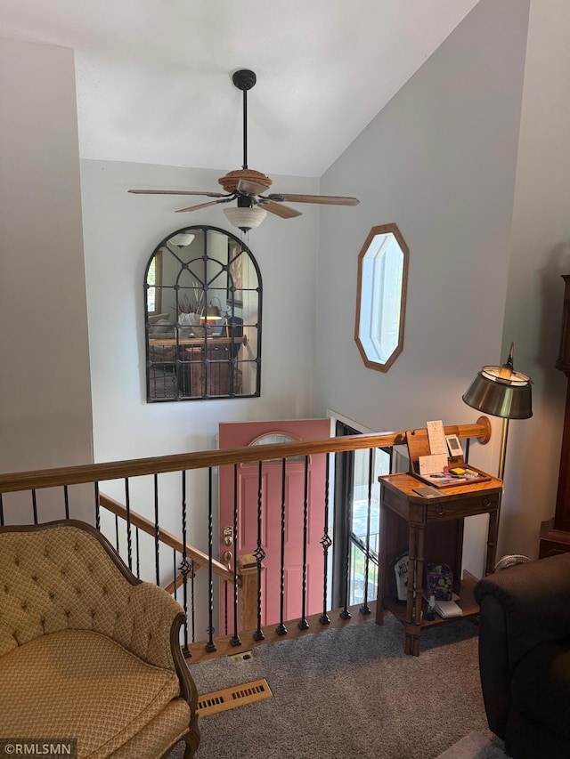 6800 Buckingham Ct, Woodbury, MN 55125 - staircase featuring carpet and a ceiling fan