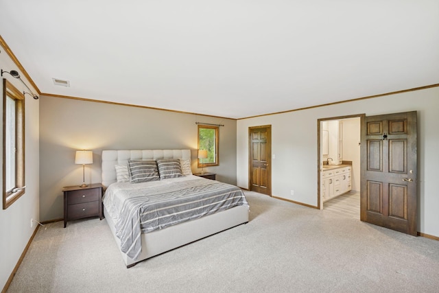 200 Marie Ave W, West Saint Paul, MN 55118 - bedroom featuring light colored carpet, crown molding, and ensuite bath