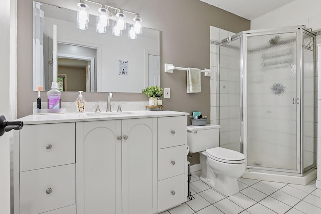 17698 Shore Ln W, Eden Prairie, MN 55346 - full bathroom with vanity, toilet, a stall shower, and tile patterned flooring