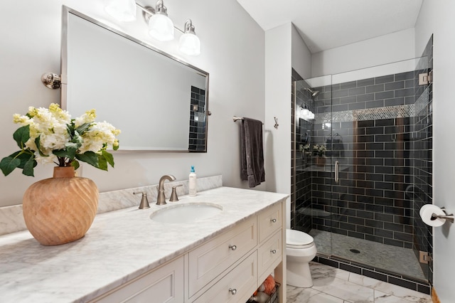 6539 Orchard Ridge Trl, Woodbury, MN 55129 - bathroom with toilet, vanity, a stall shower, and marble finish flooring