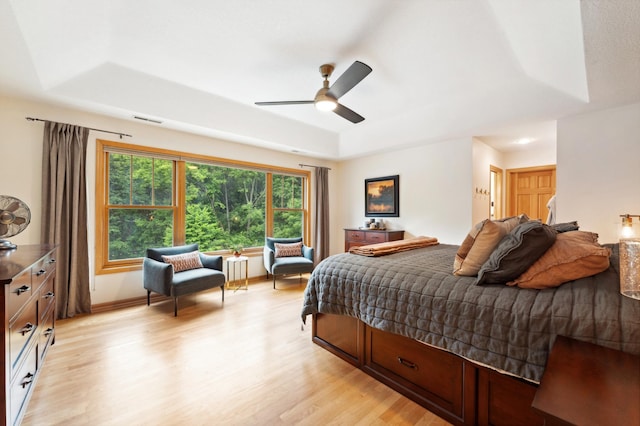 6539 Orchard Ridge Trl, Woodbury, MN 55129 - bedroom with a raised ceiling, light wood-style flooring, baseboards, and a ceiling fan