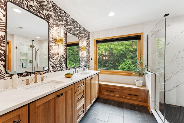 6539 Orchard Ridge Trl, Woodbury, MN 55129 - full bathroom with a marble finish shower, double vanity, and recessed lighting