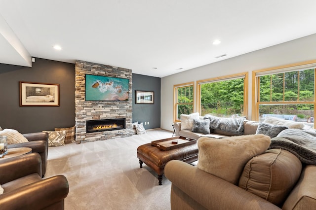 6539 Orchard Ridge Trl, Woodbury, MN 55129 - living room featuring light carpet, a fireplace, and recessed lighting