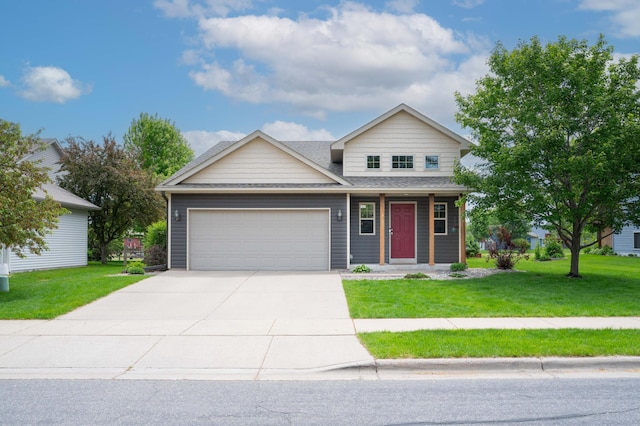 3138 Olympus Dr NE, Sauk Rapids, MN 56379 - view of front facade with an attached garage, a front lawn, concrete driveway, and roof with shingles