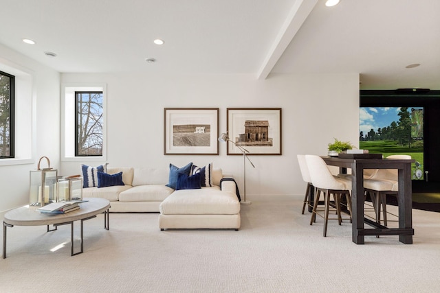 carpeted living room featuring recessed lighting, baseboards, and beam ceiling