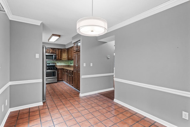 6331 Saint Croix Trl N, Stillwater, MN 55082 - kitchen featuring appliances with stainless steel finishes, ornamental molding, backsplash, light tile patterned floors, and baseboards