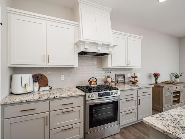 3309 171st Ave NE, Ham Lake, MN 55304 - kitchen with stainless steel gas range, backsplash, dark wood-type flooring, and light stone counters