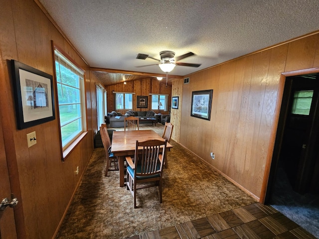 27042 Bluebill Point Rd, Garrison, MN 56450 - dining room featuring wooden walls, ceiling fan, a textured ceiling, baseboards, and lofted ceiling