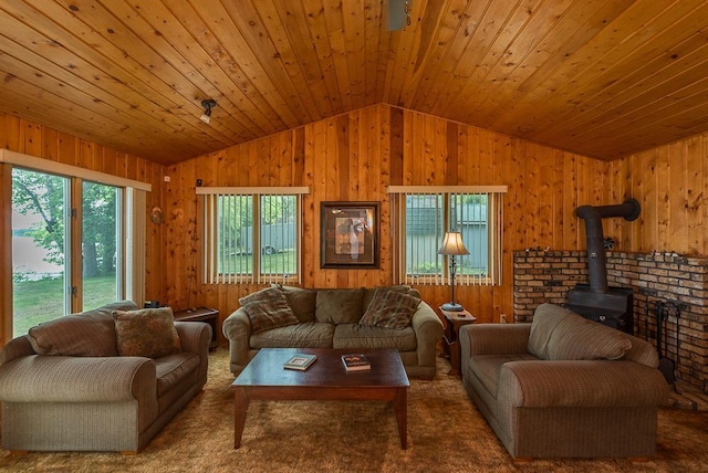 27042 Bluebill Point Rd, Garrison, MN 56450 - carpeted living area with vaulted ceiling, wood walls, a wood stove, and wood ceiling