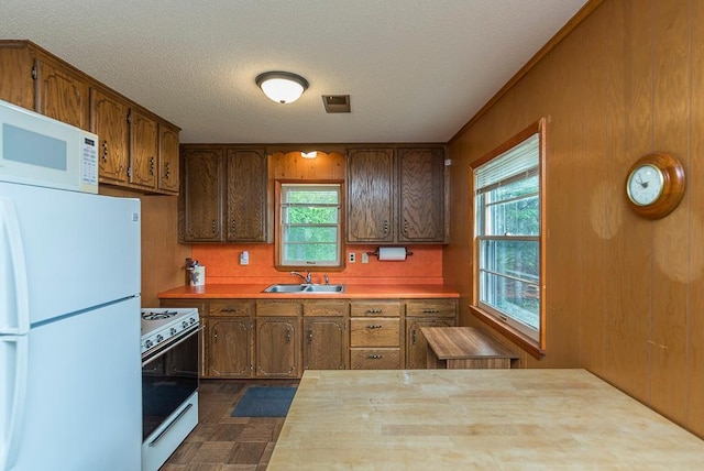 27042 Bluebill Point Rd, Garrison, MN 56450 - kitchen featuring white appliances, a sink, light countertops, healthy amount of natural light, and a textured ceiling