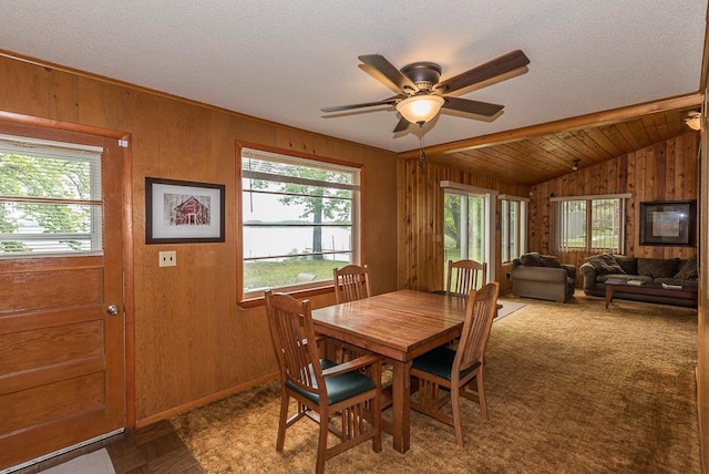 27042 Bluebill Point Rd, Garrison, MN 56450 - dining space with plenty of natural light, vaulted ceiling, wooden walls, a ceiling fan, and a textured ceiling