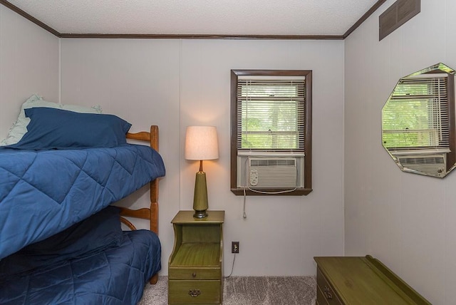 27042 Bluebill Point Rd, Garrison, MN 56450 - carpeted bedroom featuring ornamental molding, cooling unit, a decorative wall, and a textured ceiling