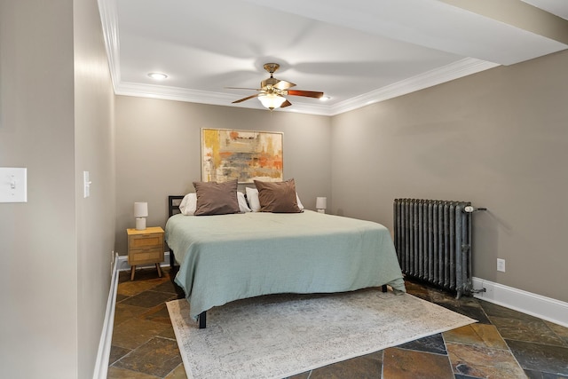 112 Western Ave N Unit 4, Saint Paul, MN 55102 - bedroom with radiator heating unit, stone tile floors, crown molding, baseboards, and a ceiling fan