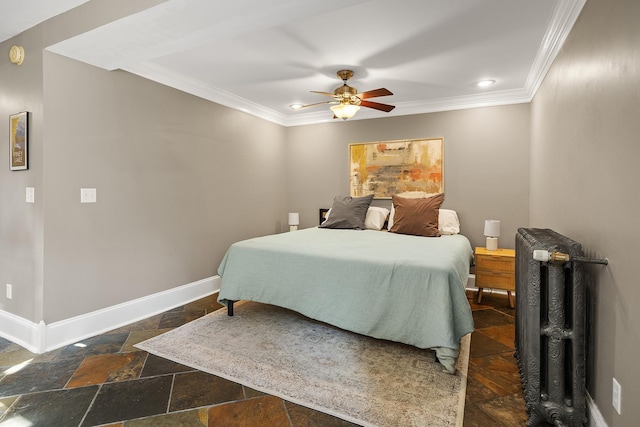 112 Western Ave N Unit 4, Saint Paul, MN 55102 - bedroom featuring stone tile flooring, ornamental molding, baseboards, recessed lighting, and ceiling fan