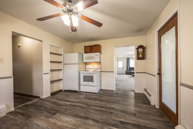 836 Milligan Ave, Wabasha, MN 55981 - kitchen featuring white appliances, a baseboard radiator, dark wood-style floors, and ceiling fan