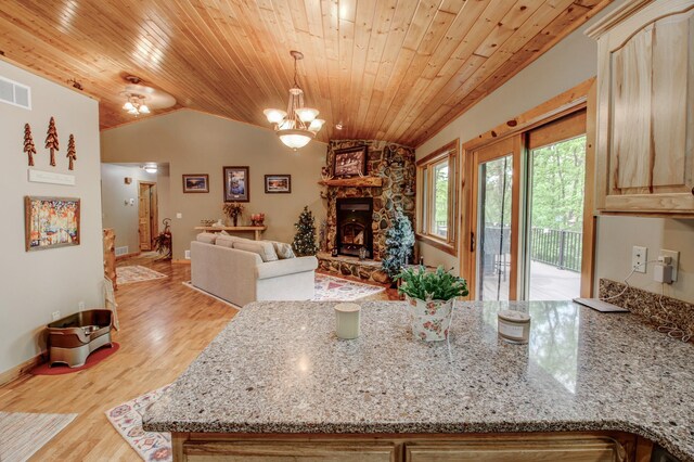 8824 Bittersweet Cir, Breezy Point, MN 56472 - kitchen featuring vaulted ceiling, open floor plan, wood ceiling, a chandelier, and wood finished floors