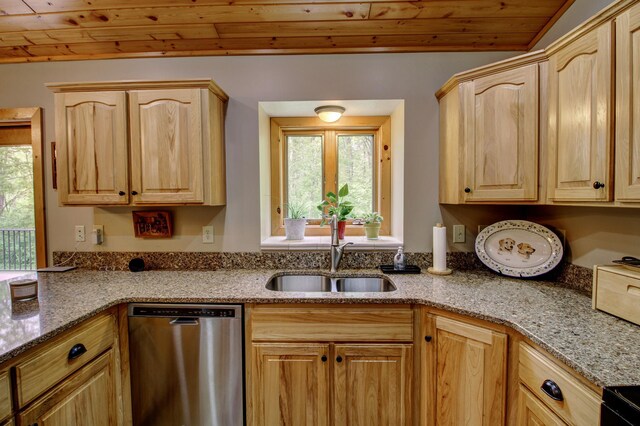 8824 Bittersweet Cir, Breezy Point, MN 56472 - kitchen featuring stainless steel dishwasher, wooden ceiling, light brown cabinetry, a sink, and plenty of natural light
